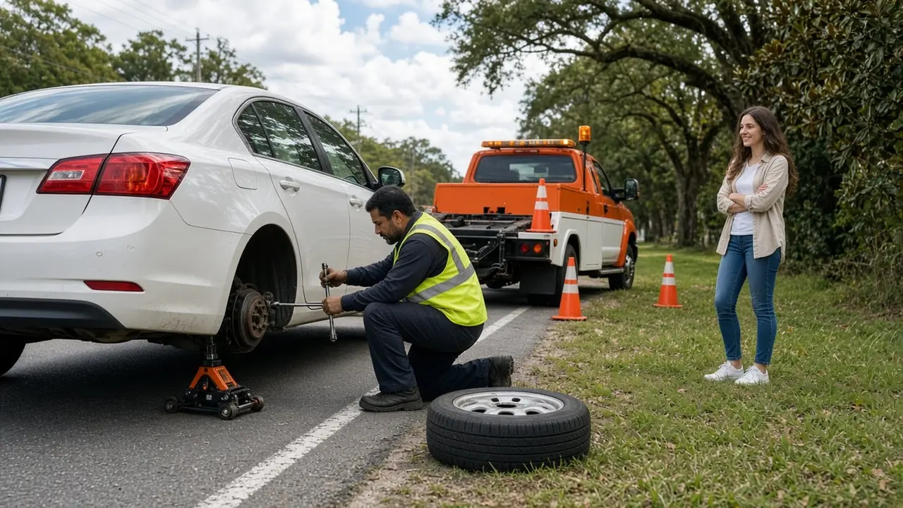 A woman and a man change a tire on a silver sedan along a Montgomery shoulder, with a yellow service truck parked behind them