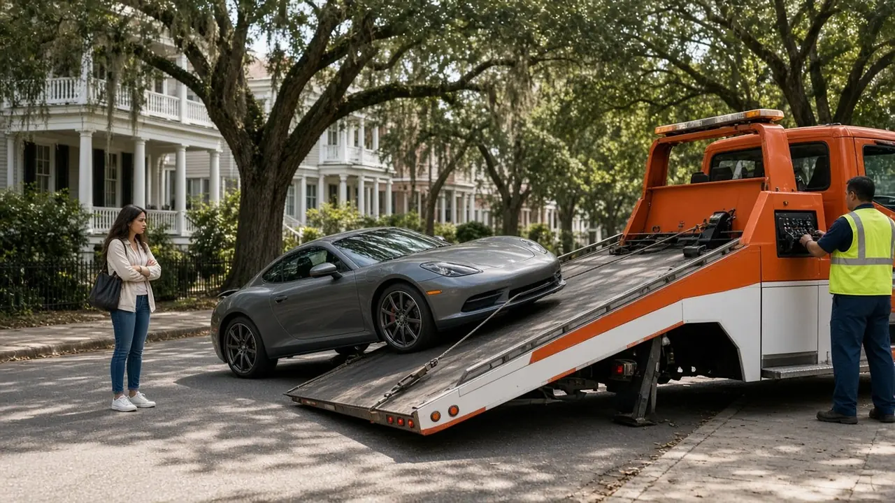 A silver sedan rides on the bed of a yellow-and-black flatbed in Montgomery while a woman in a blue jacket and a man stand alongside
