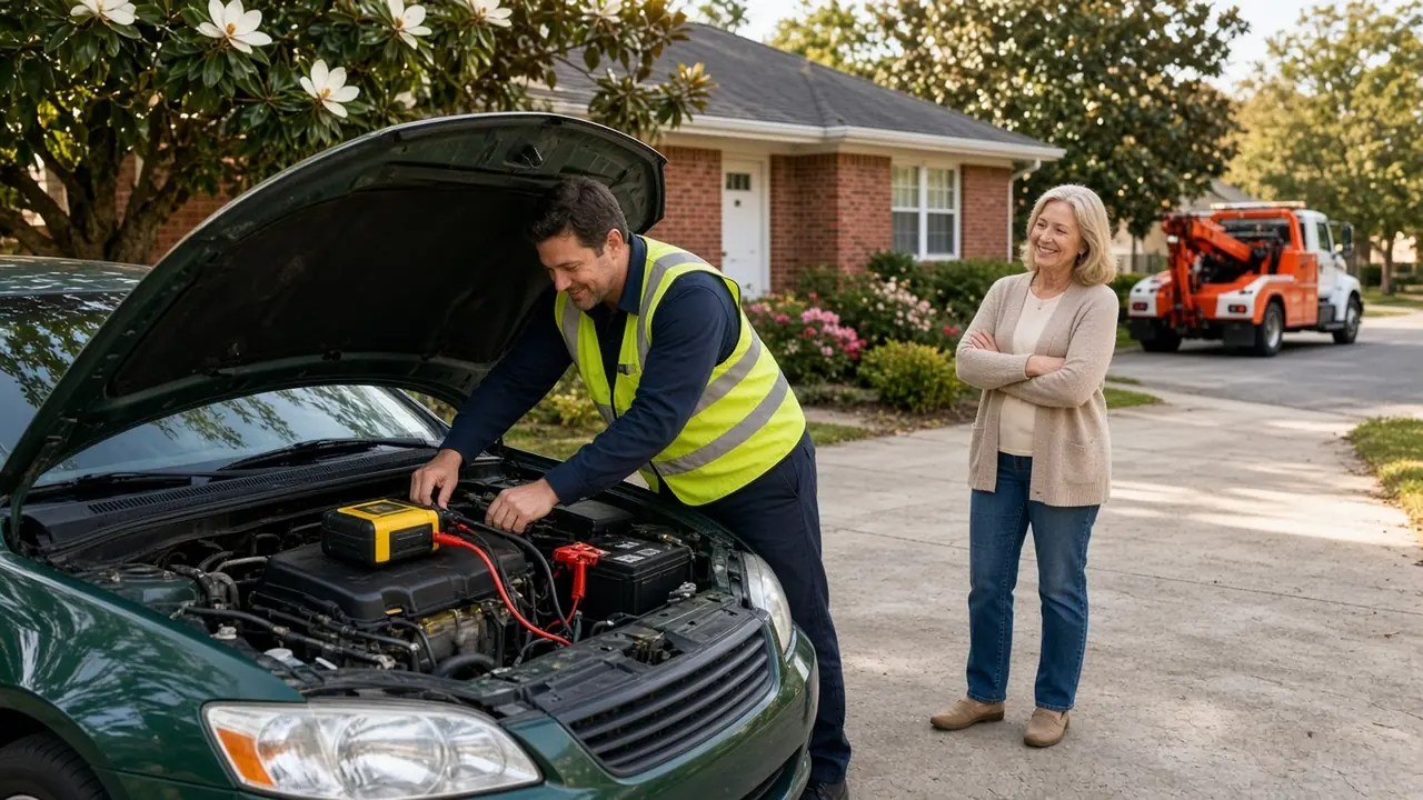 A woman and a man stand at the open hood of a silver sedan in Montgomery while a yellow truck is set up to jump the battery