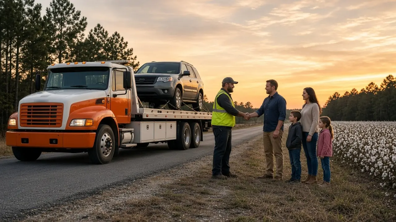 A woman and a man stand with a silver sedan on an open road outside Montgomery as a yellow-and-black tow truck lines up for a longer haul
