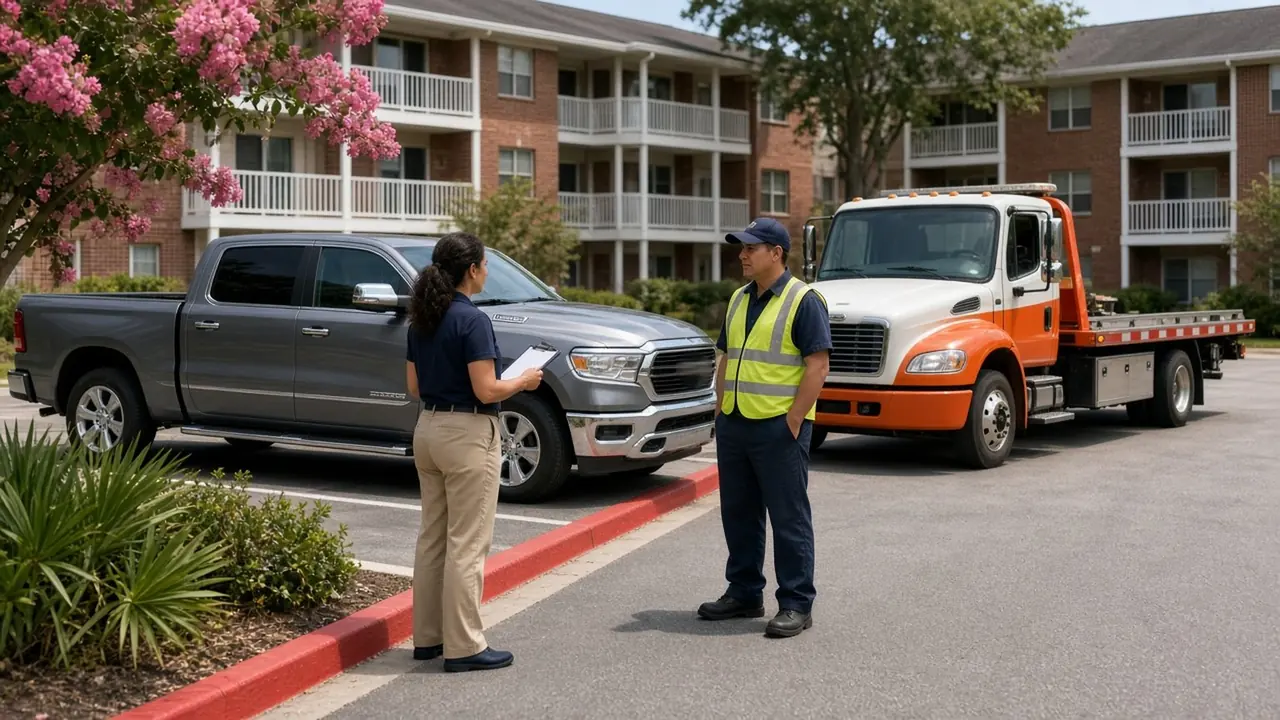 In a Montgomery parking lot, a woman and a man stand beside a silver sedan with a yellow-and-black tow truck parked nearby